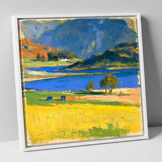 Golden Meadow Beside The Lake lake district lake canvas wall art in white frame