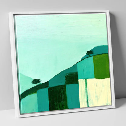 Misty Teal Mountain Ridge lake district fell canvas wall art in white frame