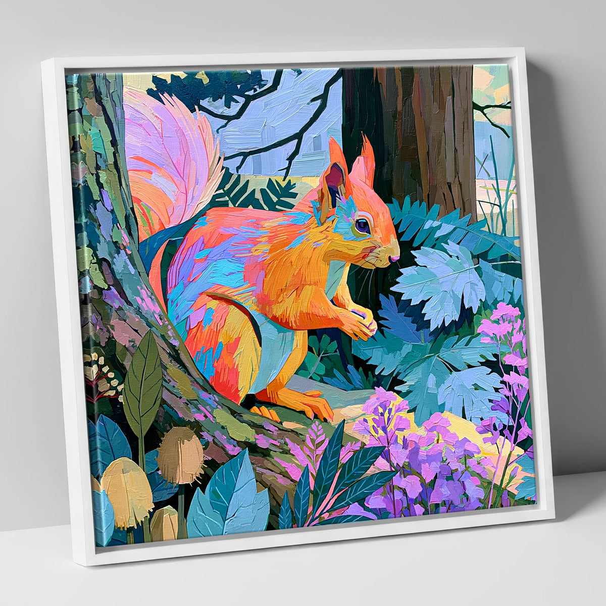 Vibrant Woodland Red Squirrel lake district wildlife canvas wall art in white frame