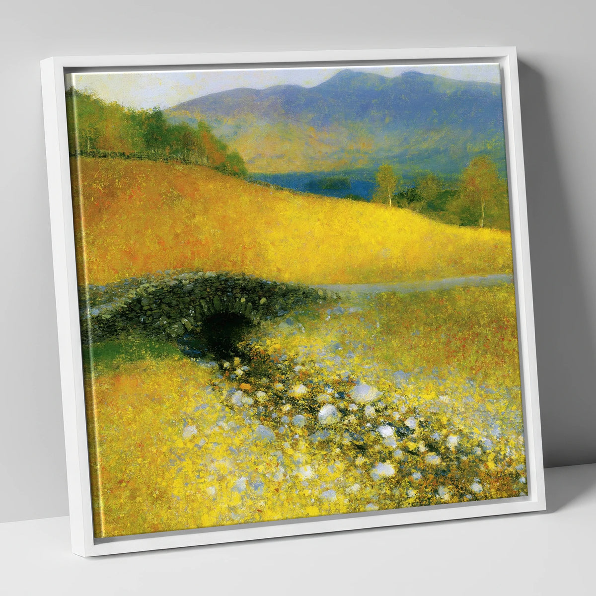 Golden Light Over Ashness Bridge lake district waterfall canvas wall art in white frame