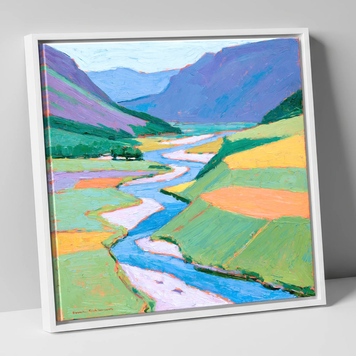 Vibrant Winding River Valley lake district waterfall canvas wall art in white frame