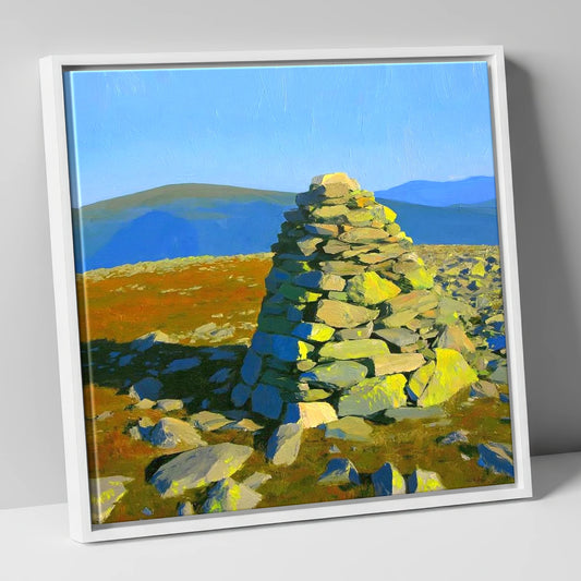 Sunlit Cairn on Brim Fell lake district fell canvas wall art in white frame