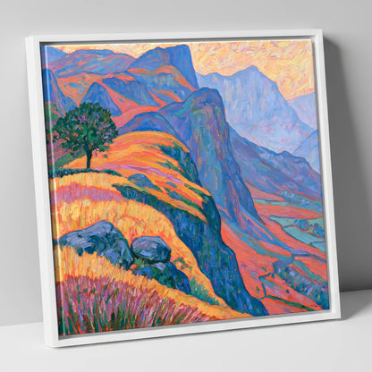 Lone Tree on Misty Mountain Ridge lake district fell canvas wall art in white frame