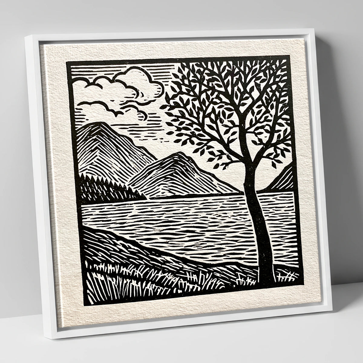 Graphic Crummock Water Fells lake district lake canvas wall art in white frame