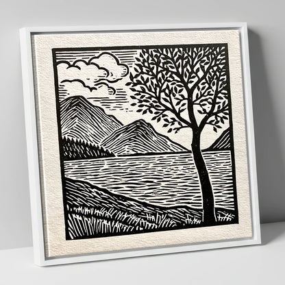 Graphic Crummock Water Fells lake district lake canvas wall art in white frame