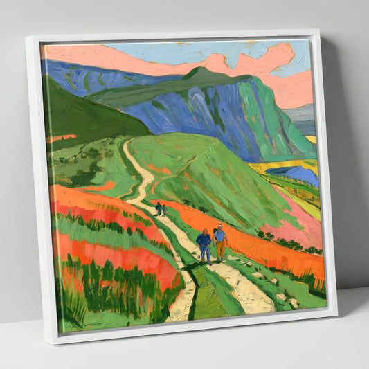 Vivid Mountain Path Walkers lake district walking canvas wall art in white frame