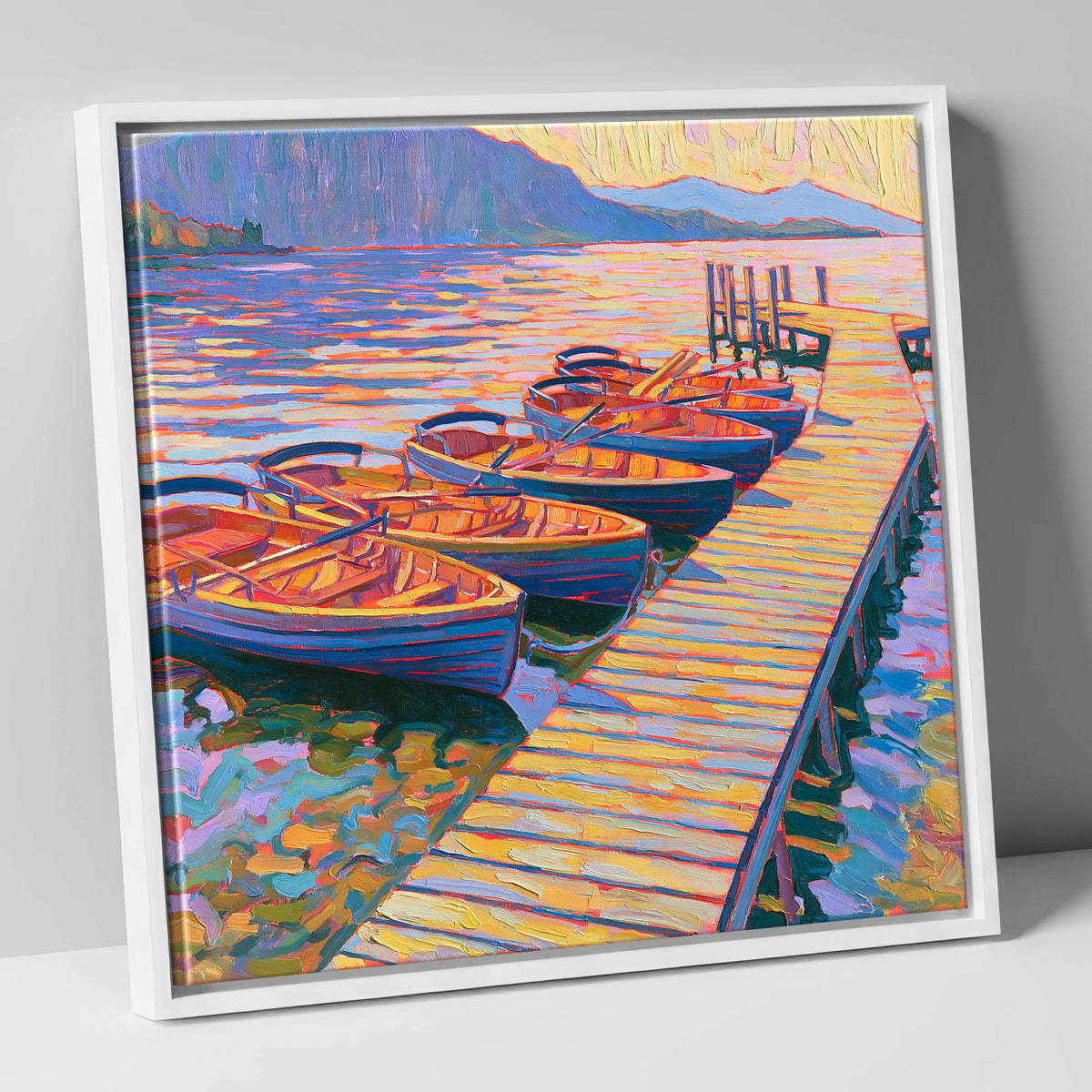 Vibrant Windermere Rowing Boats lake district lake canvas wall art in white frame