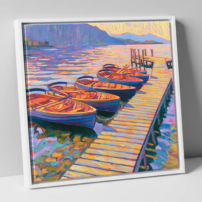 Vibrant Windermere Rowing Boats lake district lake canvas wall art in white frame