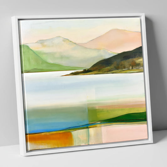 Contemporary Abstract Lake Fells lake district lake canvas wall art in white frame