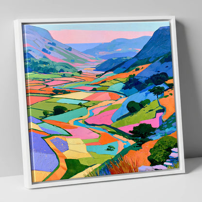Vibrant Patchwork Fields and Fells lake district valley canvas wall art in white frame