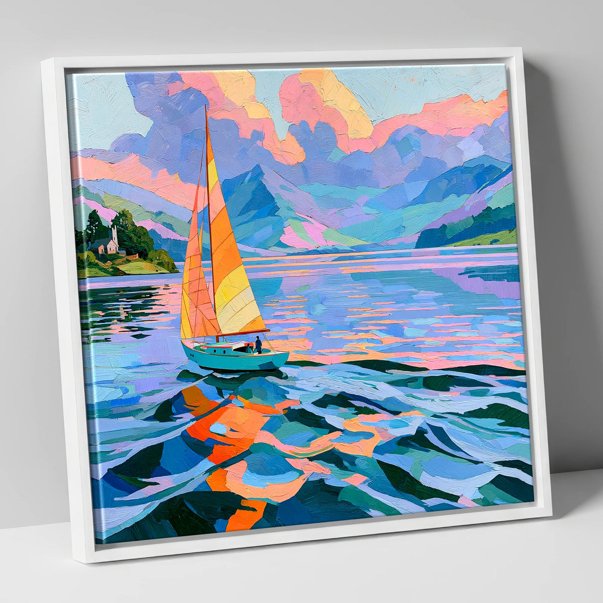 Vibrant Sailboat on Breezy Lake lake district walking canvas wall art in white frame