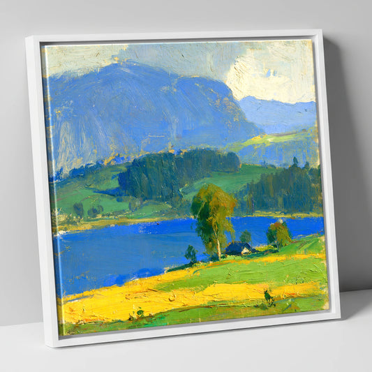 Vibrant Blue Lake And Fells lake district lake canvas wall art in white frame