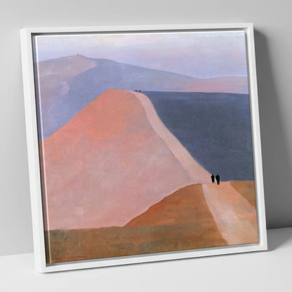Walkers on a Pastel Mountain Ridge lake district walking canvas wall art in white frame