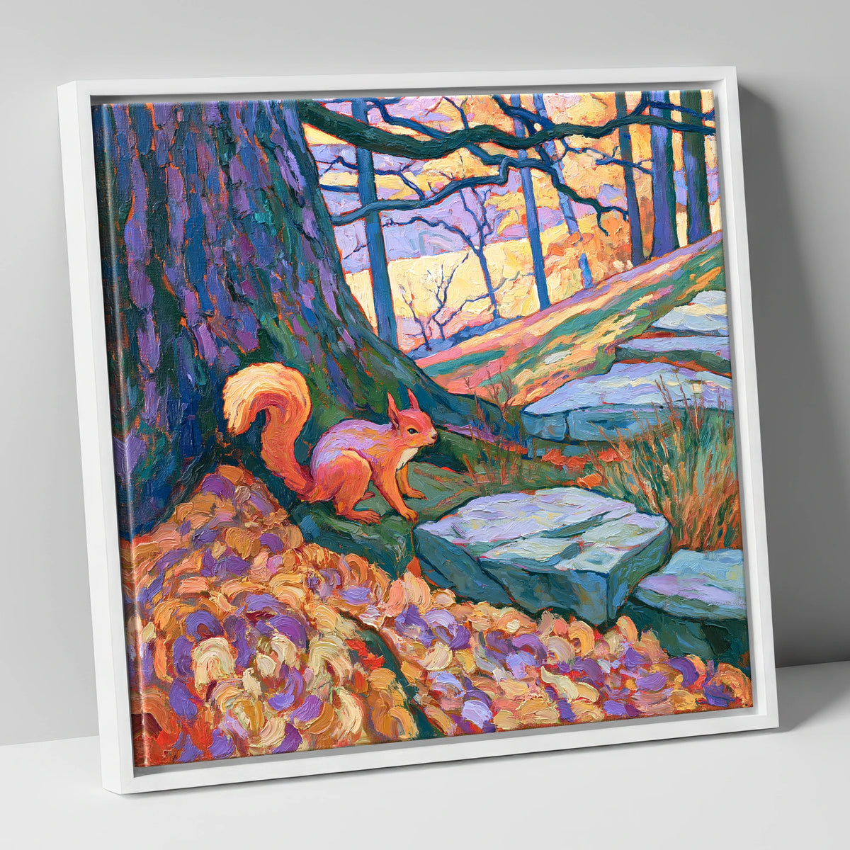 Red Squirrel in Vibrant Woodland lake district wildlife canvas wall art in white frame