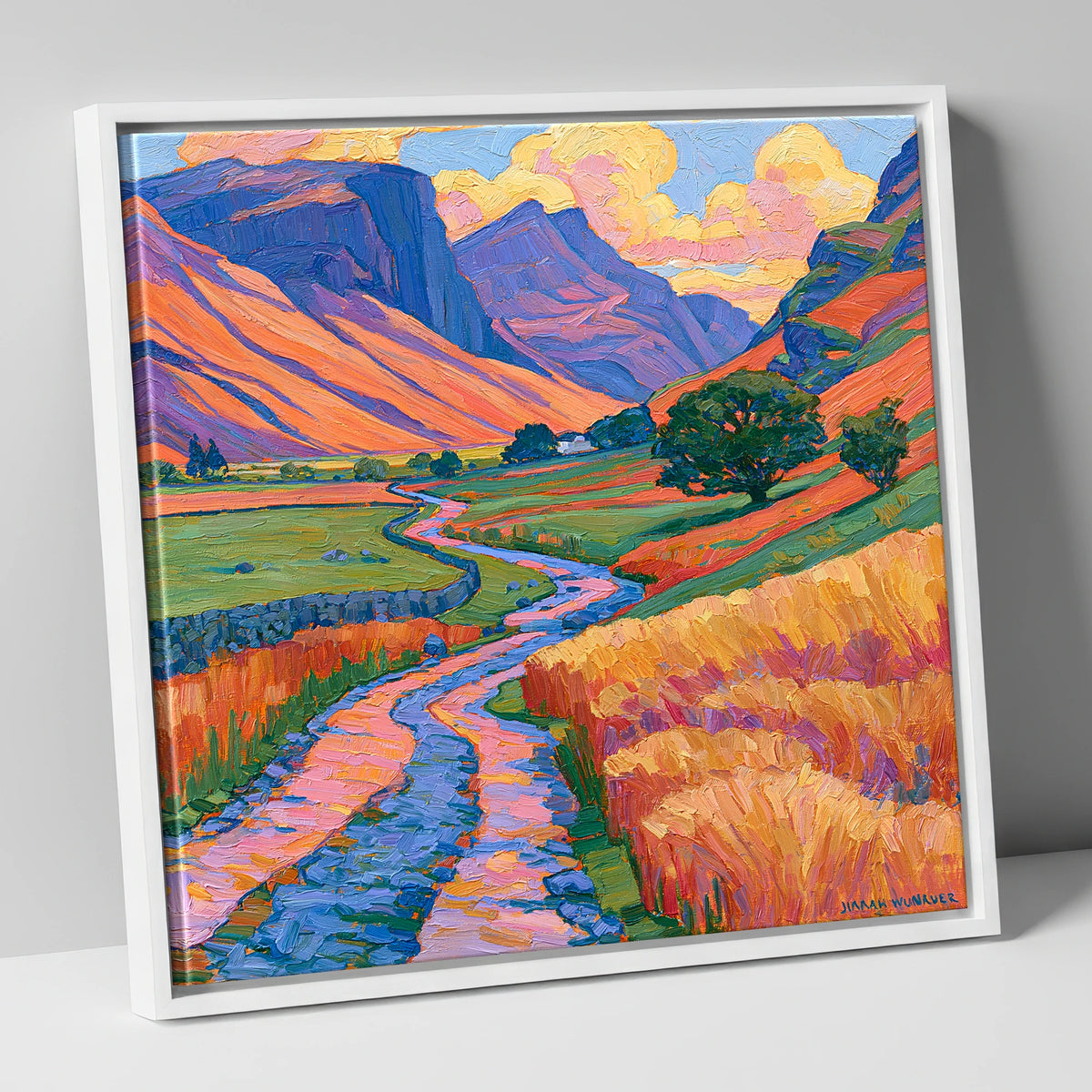 Sunlit Fell Side and Winding Beck lake district valley canvas wall art in white frame