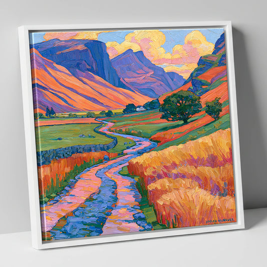 Sunlit Fell Side and Winding Beck lake district valley canvas wall art in white frame