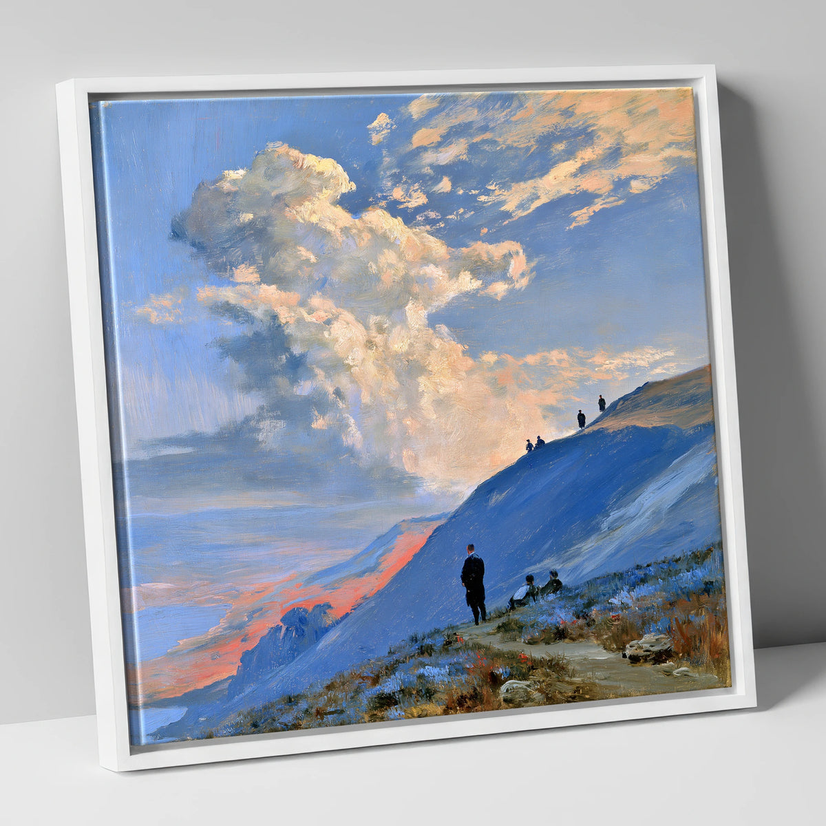 Fell Hikers Under Sunlit Clouds lake district fell canvas wall art in white frame