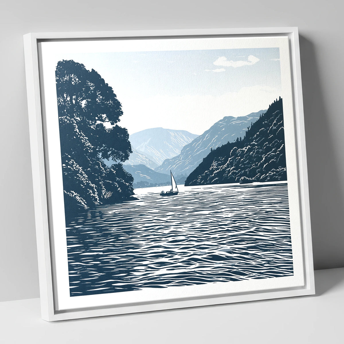 Ullswater Sailboat in Navy Blue lake district lake canvas wall art in white frame