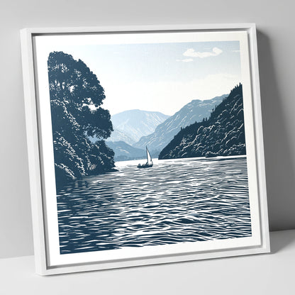 Ullswater Sailboat in Navy Blue lake district lake canvas wall art in white frame