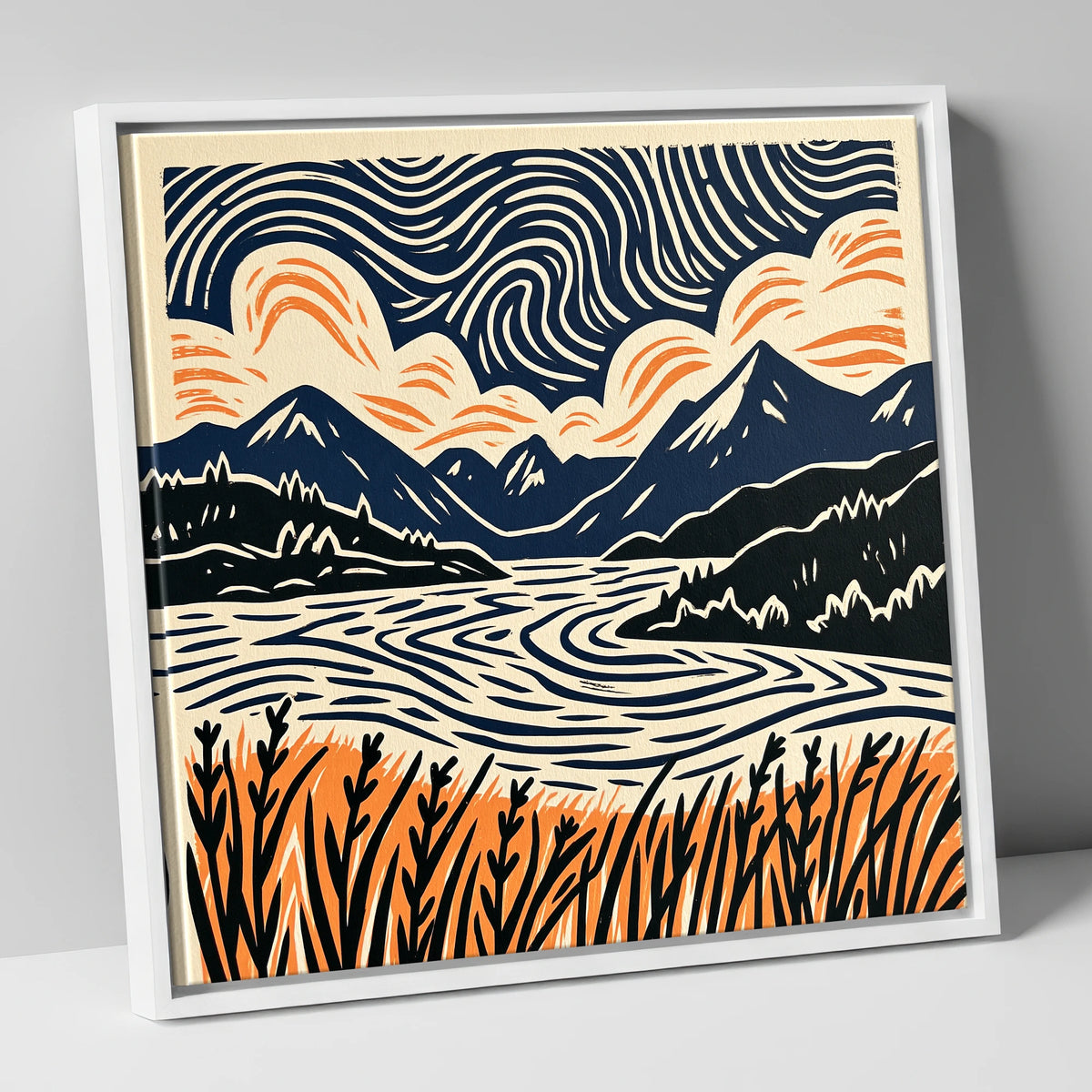 Coniston Water Under Swirling Skies lake district lake canvas wall art in white frame