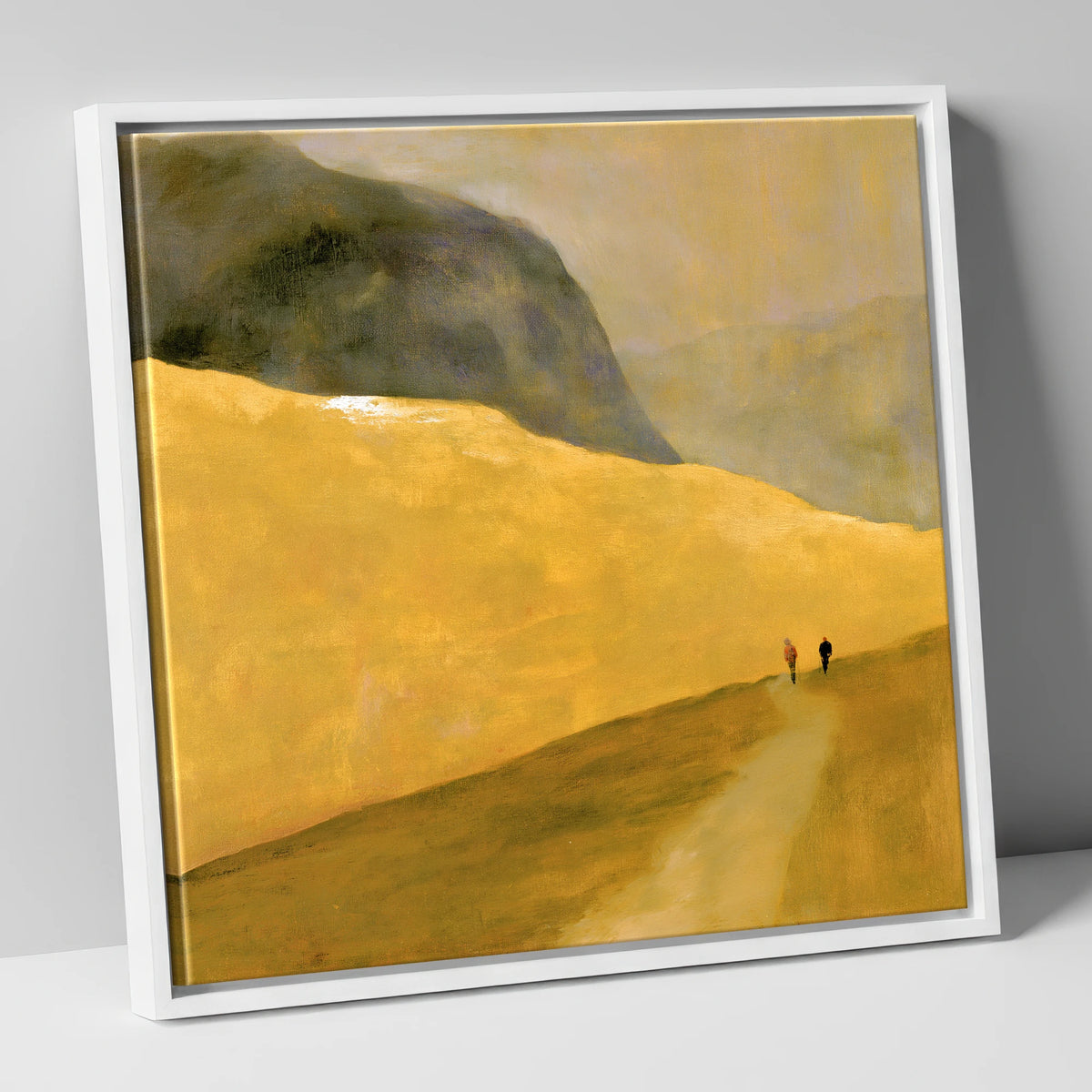Walkers on a Golden Fell lake district walking canvas wall art in white frame