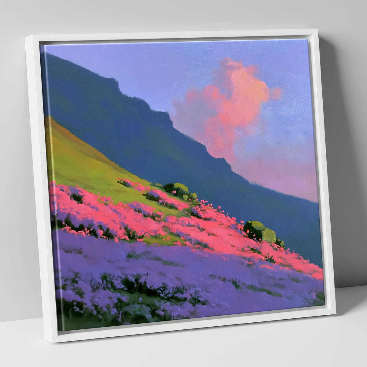 Vibrant Pink Heather Fellside flowers & fellsides canvas wall art in white frame