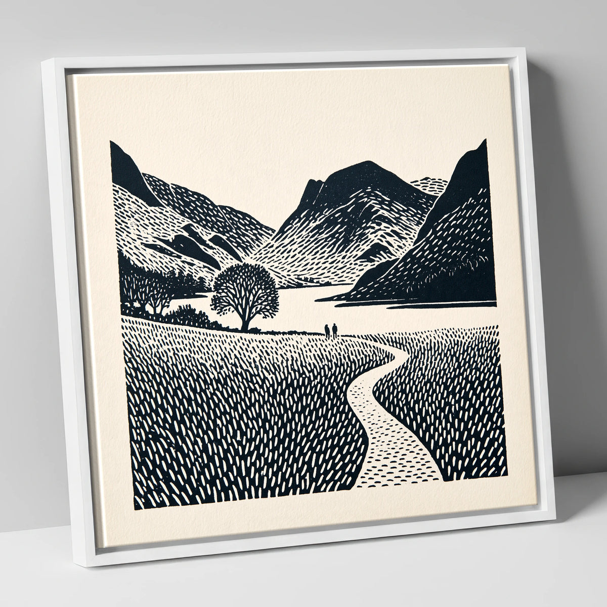 Winding Path at Buttermere lake district lake canvas wall art in white frame