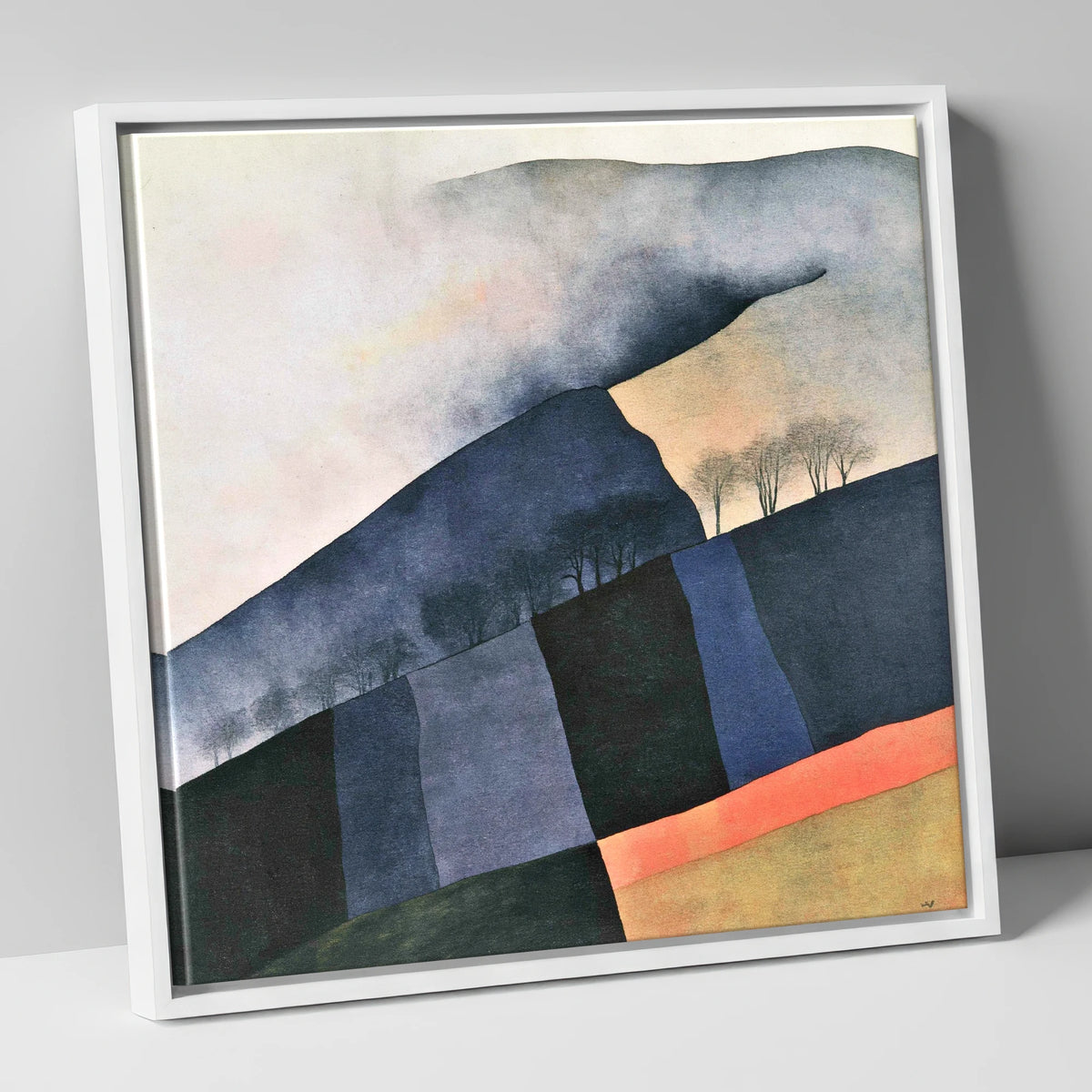 Misty Mountain Ridge in Indigo lake district fell canvas wall art in white frame