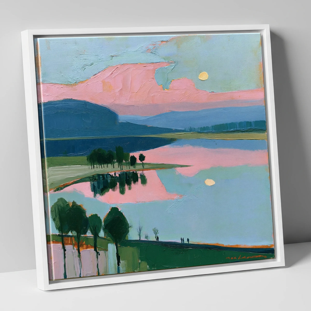 Blush Pink Lake at Dawn lake district lake canvas wall art in white frame