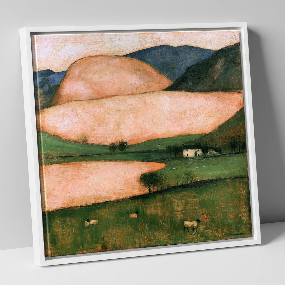 Peach Fells And Valley Farm lake district sky canvas wall art in white frame