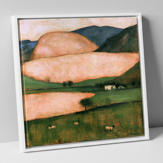Peach Fells And Valley Farm lake district sky canvas wall art in white frame