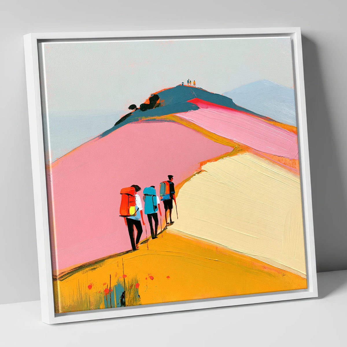 Colourful Fell Ridge Hikers lake district fell canvas wall art in white frame