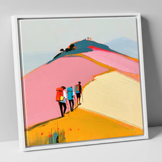 Colourful Fell Ridge Hikers lake district fell canvas wall art in white frame