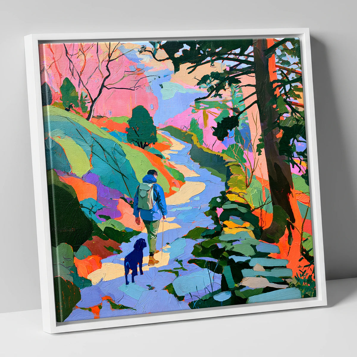 Colourful Hawkshead Dog Walk gifts for dog walkers canvas wall art in white frame