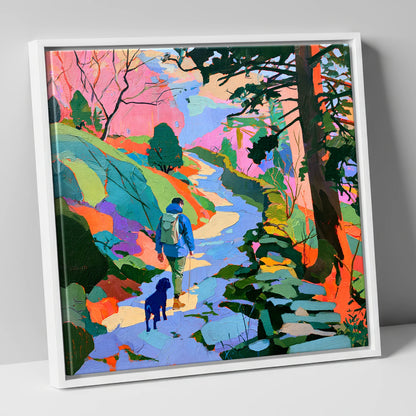 Colourful Hawkshead Dog Walk gifts for dog walkers canvas wall art in white frame