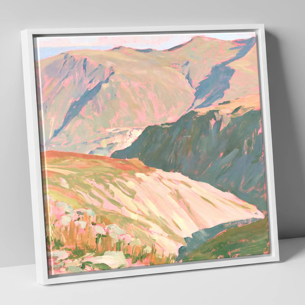 Summit View in Pastel Light lake district fell canvas wall art in white frame