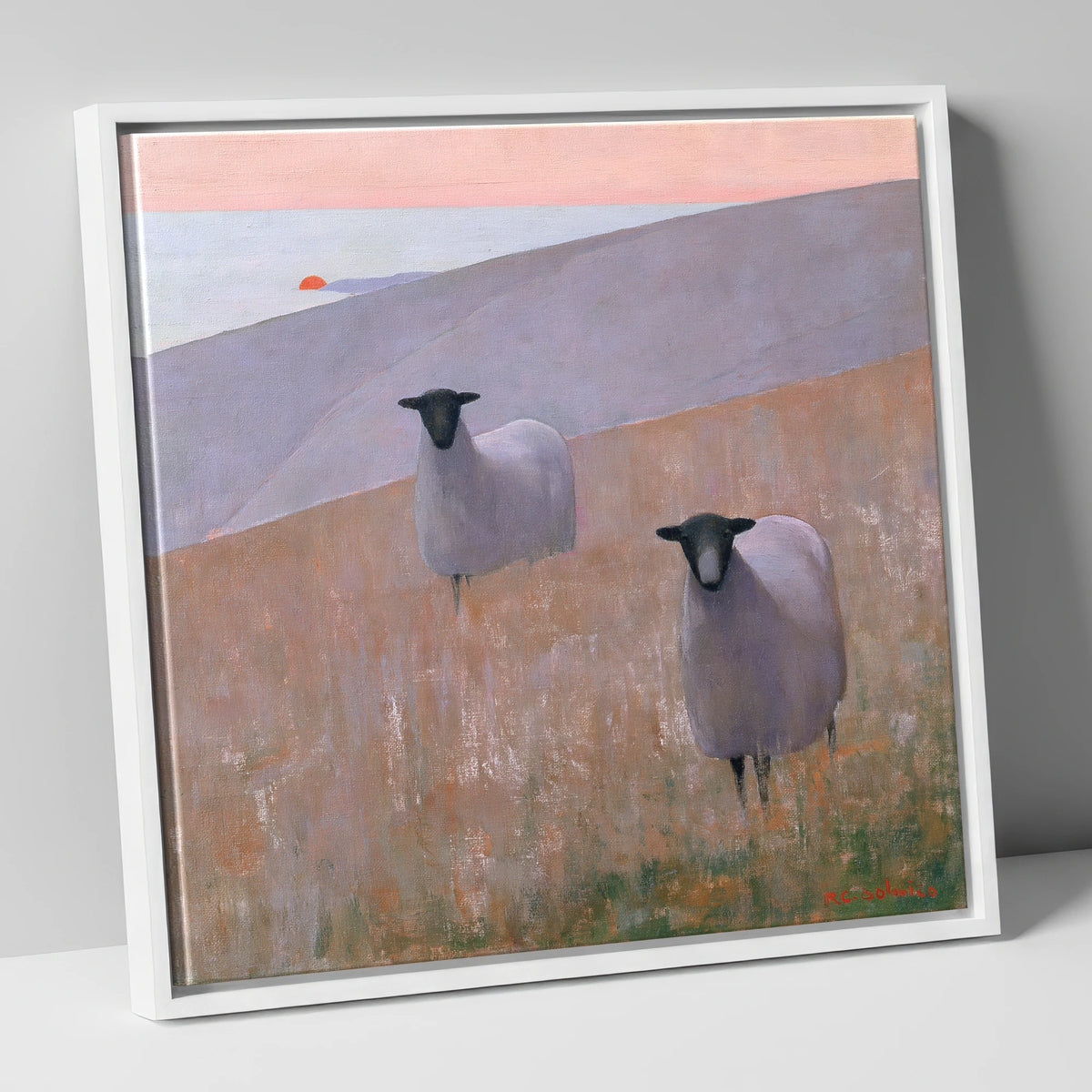 Herdwick Sheep on Lavender Fells lake district wildlife canvas wall art in white frame