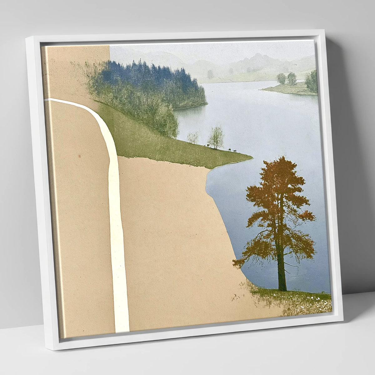 Lone Tree at Tarn Hows lake district lake canvas wall art in white frame