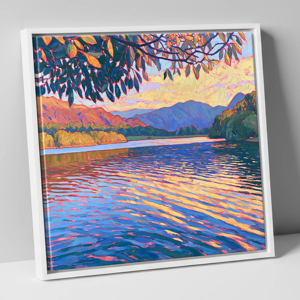 Golden Ripples on Esthwaite Water lake district village canvas wall art in white frame