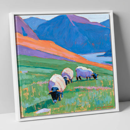 Herdwick Sheep on Colourful Fell lake district wildlife canvas wall art in white frame