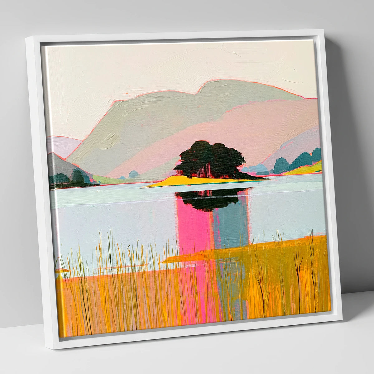 Vibrant Grasmere Island Reflections lake district lake canvas wall art in white frame