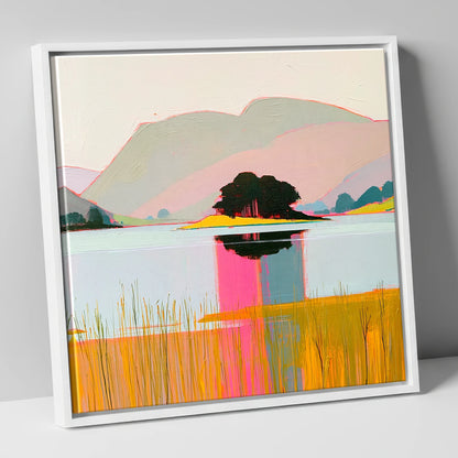 Vibrant Grasmere Island Reflections lake district lake canvas wall art in white frame