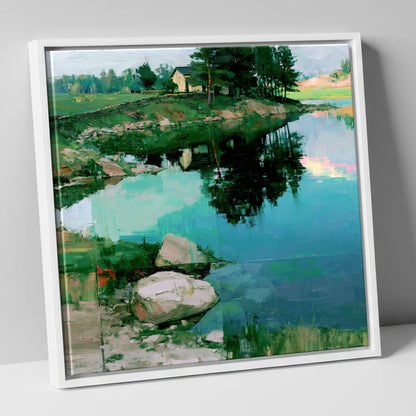Lakeside Cottage And Turquoise Reflections lake district lake canvas wall art in white frame