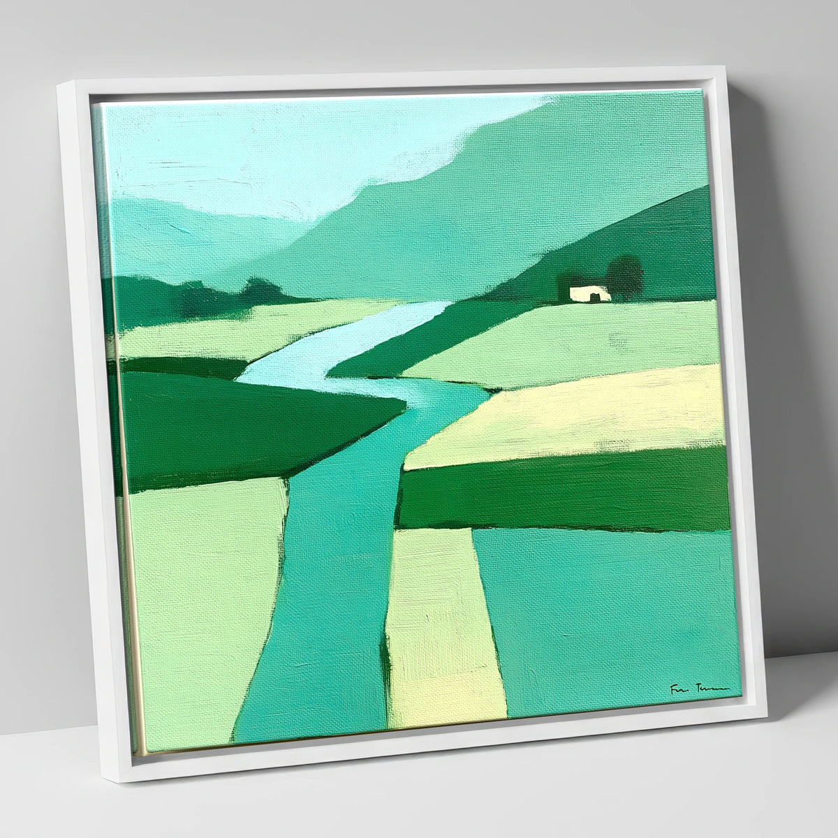 Abstract River Derwent Valley lake district waterfall canvas wall art in white frame