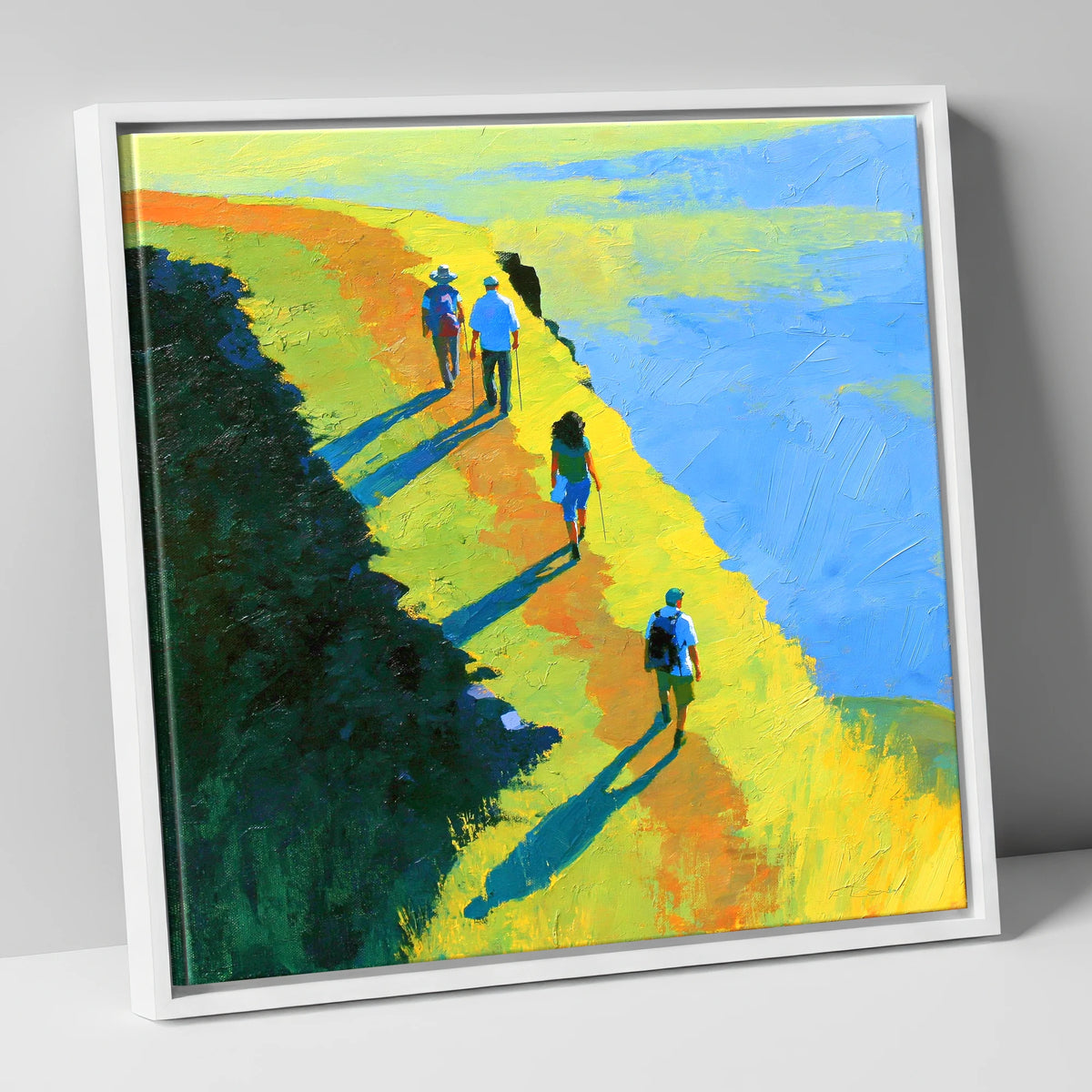 Fell Walkers on a Sunlit Ridge lake district fell canvas wall art in white frame