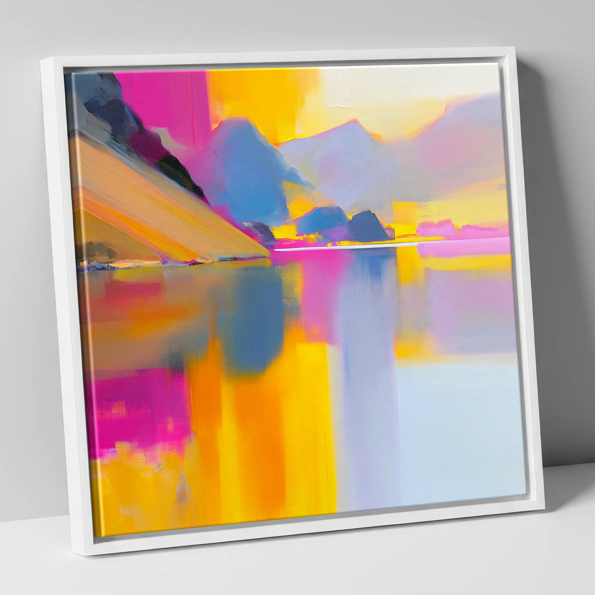 Loweswater Fells in Bold Magenta lake district lake canvas wall art in white frame