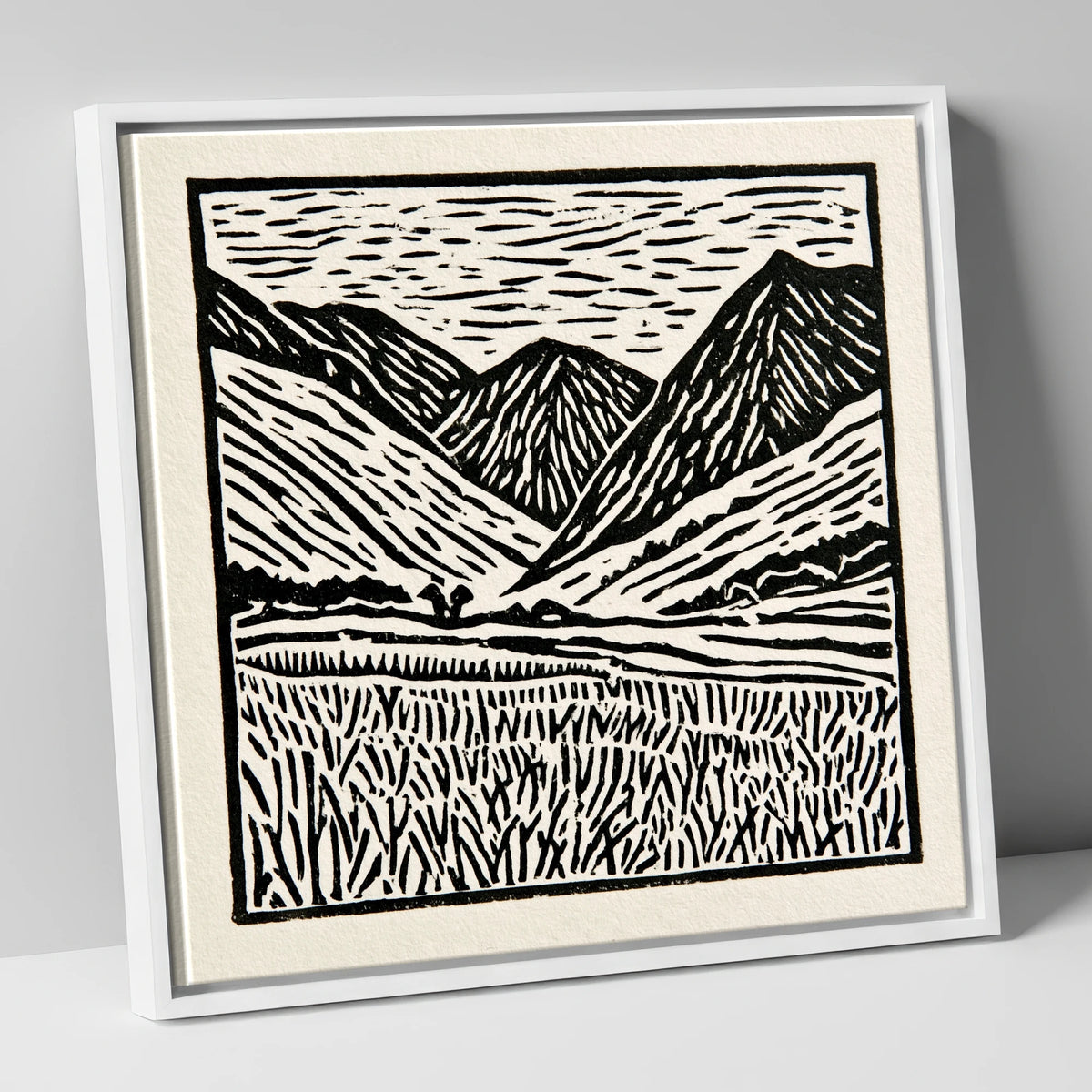 Black and White Borrowdale Fells lake district valley canvas wall art in white frame