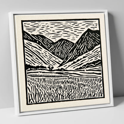 Black and White Borrowdale Fells lake district valley canvas wall art in white frame