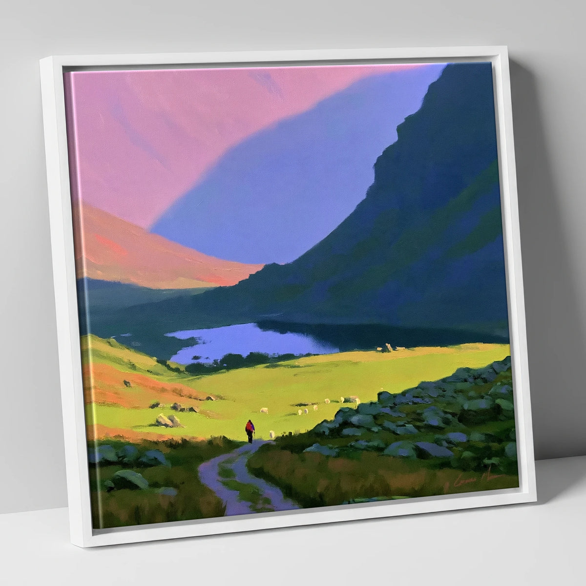 Lone Hiker in Vibrant Fells lake district walking canvas wall art in white frame