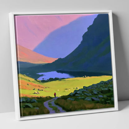 Lone Hiker in Vibrant Fells lake district walking canvas wall art in white frame